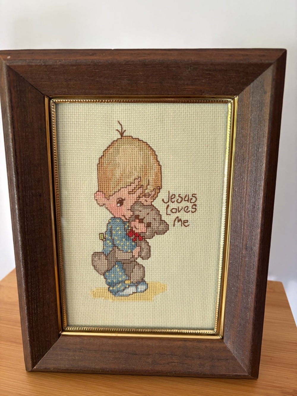 Vintage Precious Moments Framed Cross Stitch Jesus Loves Me Baby Boy w. Teddy
